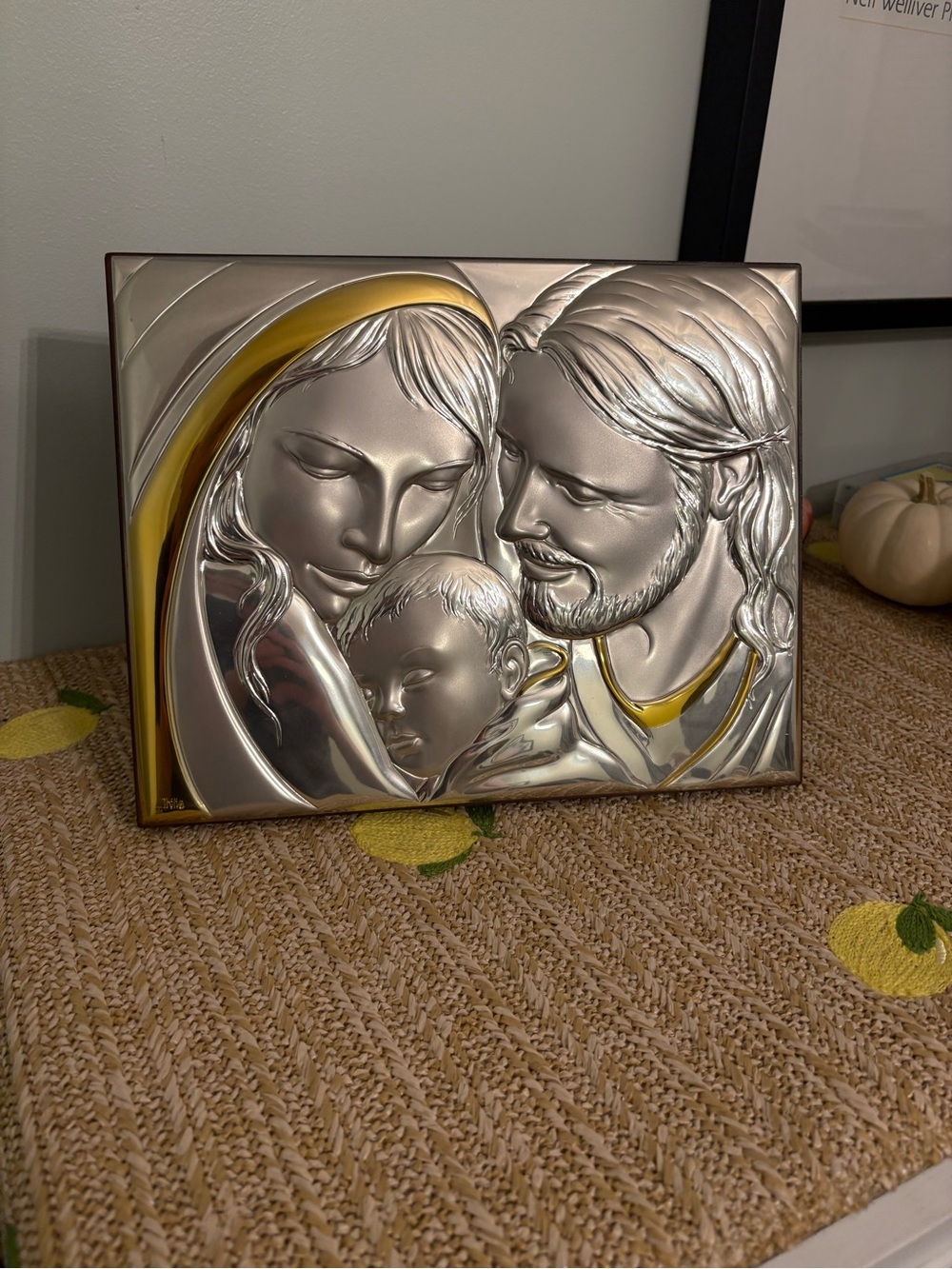 Thilia Italian Silver Gold Holy Family Plaque Icon Religious Christian Wall Art